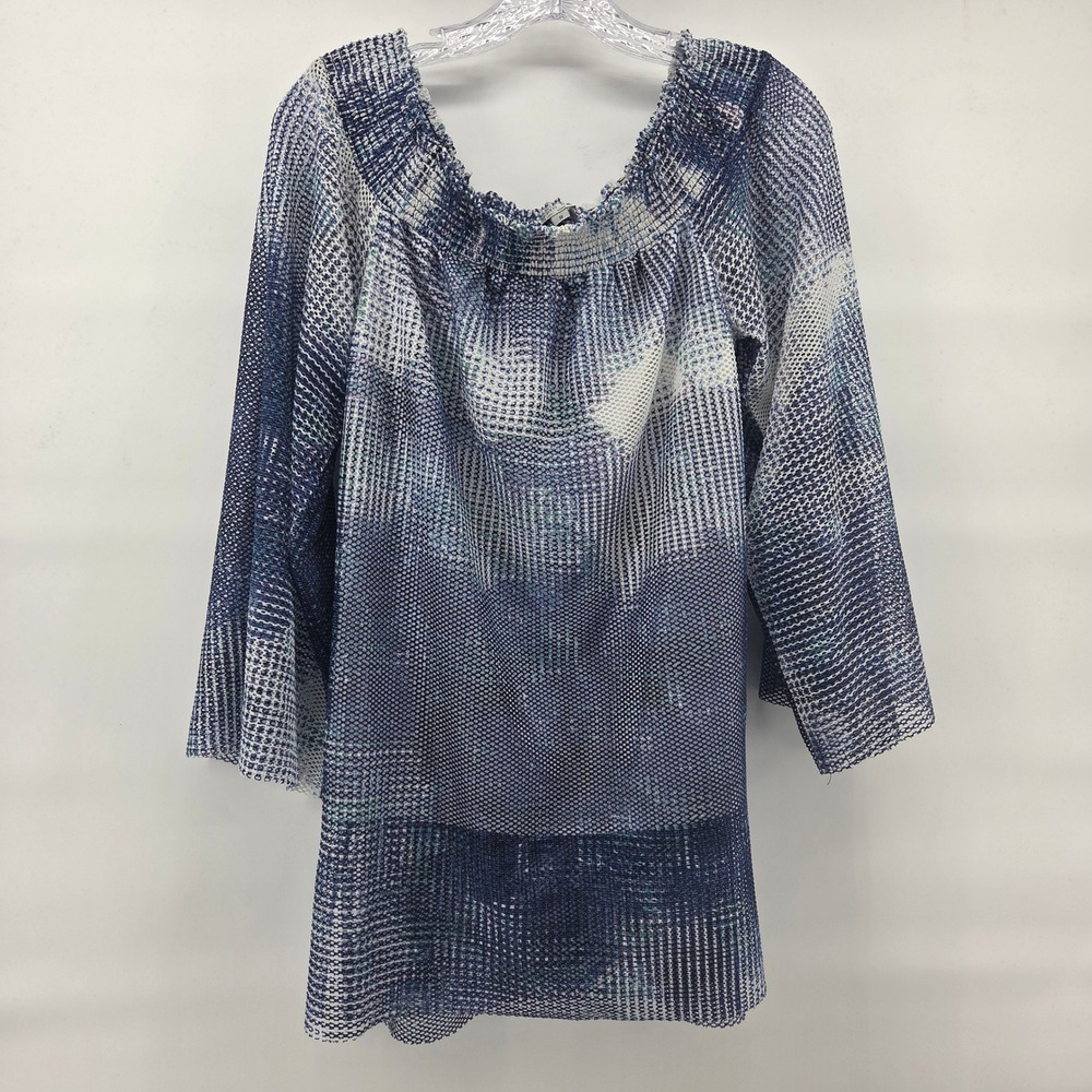 Alberto Makali‎ Tunic Top Small Blue White Abstract Mesh Sheer Sleeve Artsy